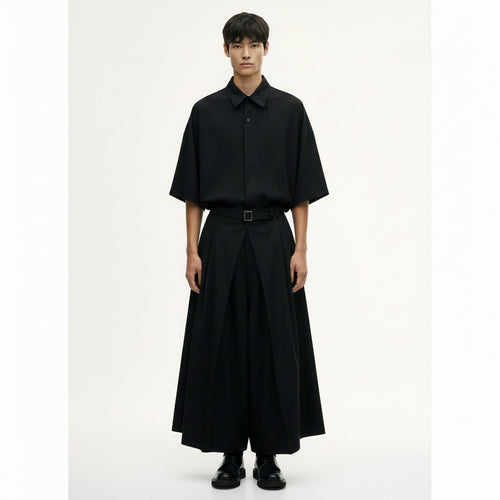 Men's Belted Hakama Trousers on model in black, front view