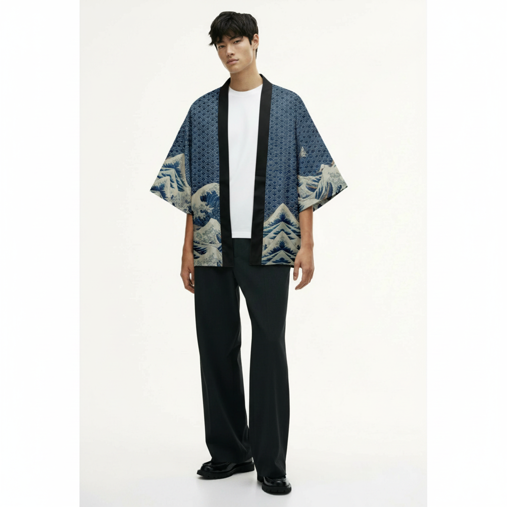 Men's Wave Kimono, Seigaiha and Great Wave Print, on model