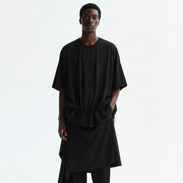 Layered drawstring t-shirt on model in black, front view