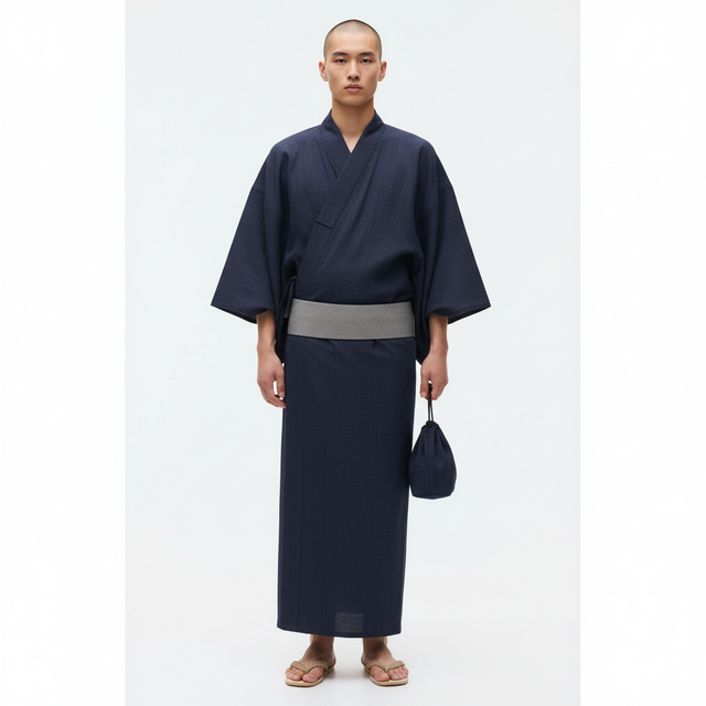 Men's blue yukata, navy, front view