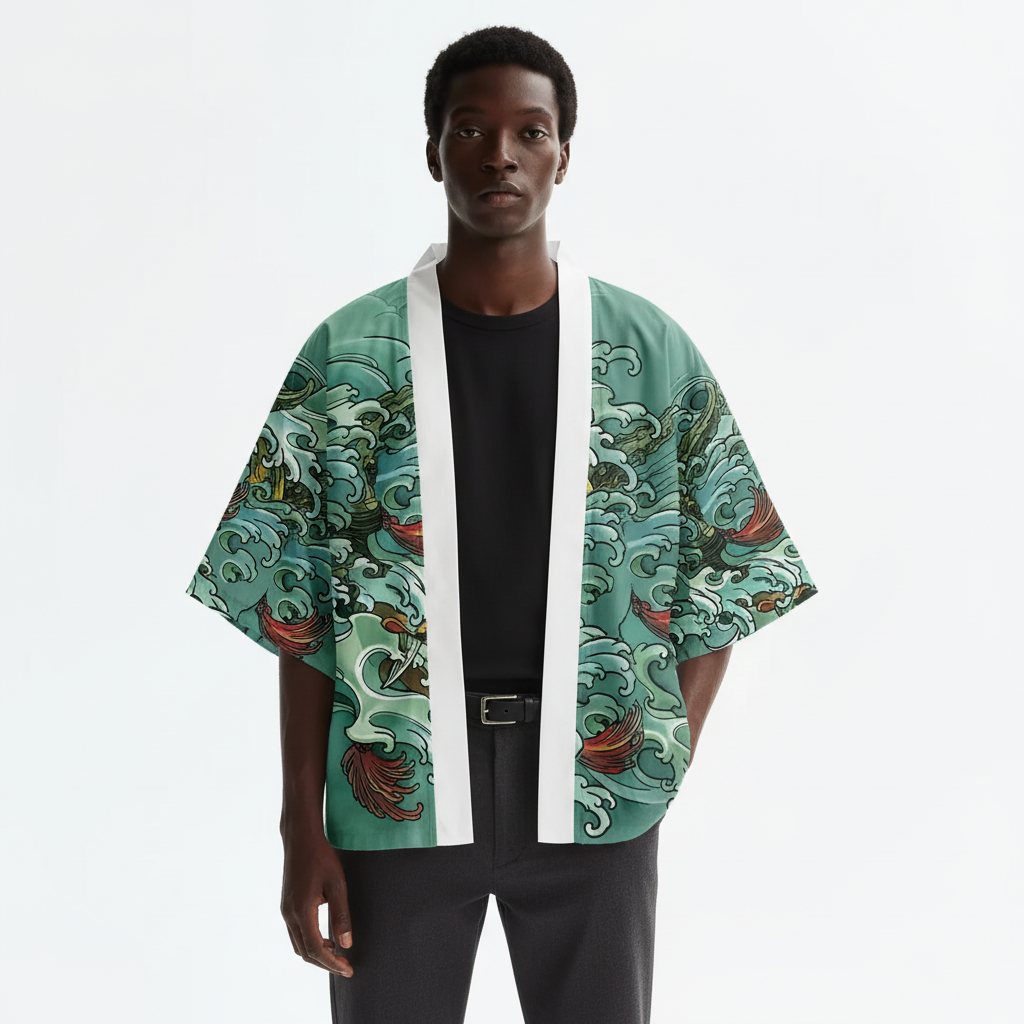 Men's Hannya Kimono, Hannya Mask and Wave Print, on model