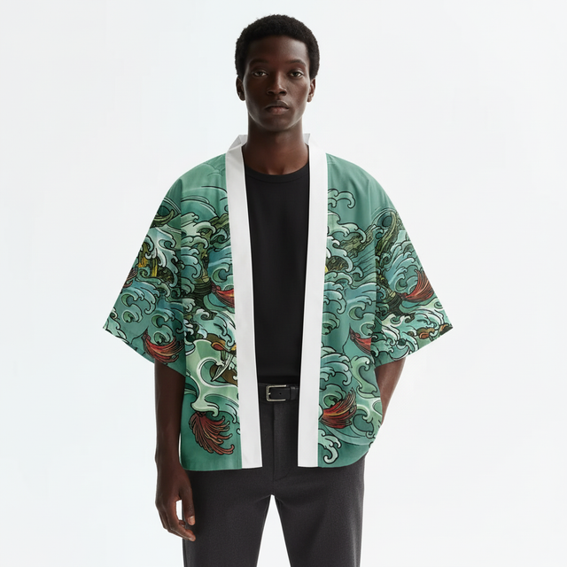 Men's Hannya Kimono, Hannya Mask and Wave Print, on model