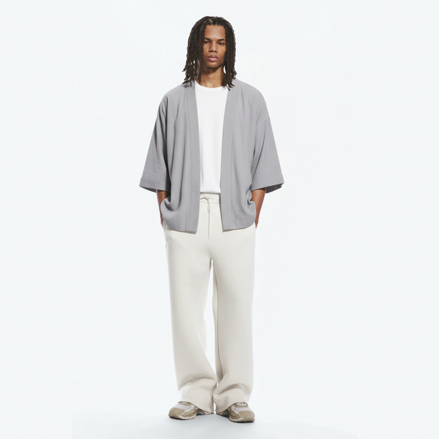 Open-Front Cotton Haori Jacket on model, grey, front view