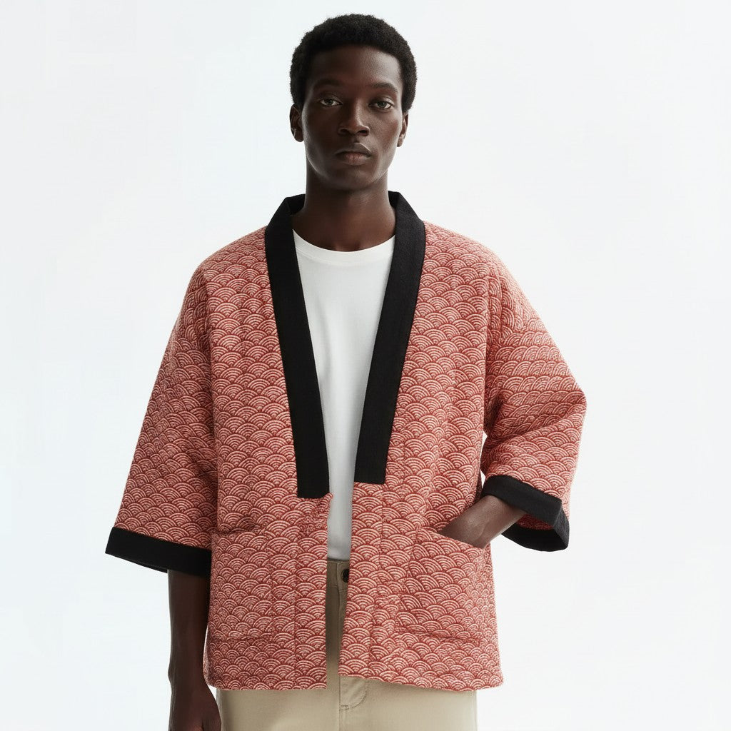 Men's red seigaiha hanten jacket, front, tied at the chest