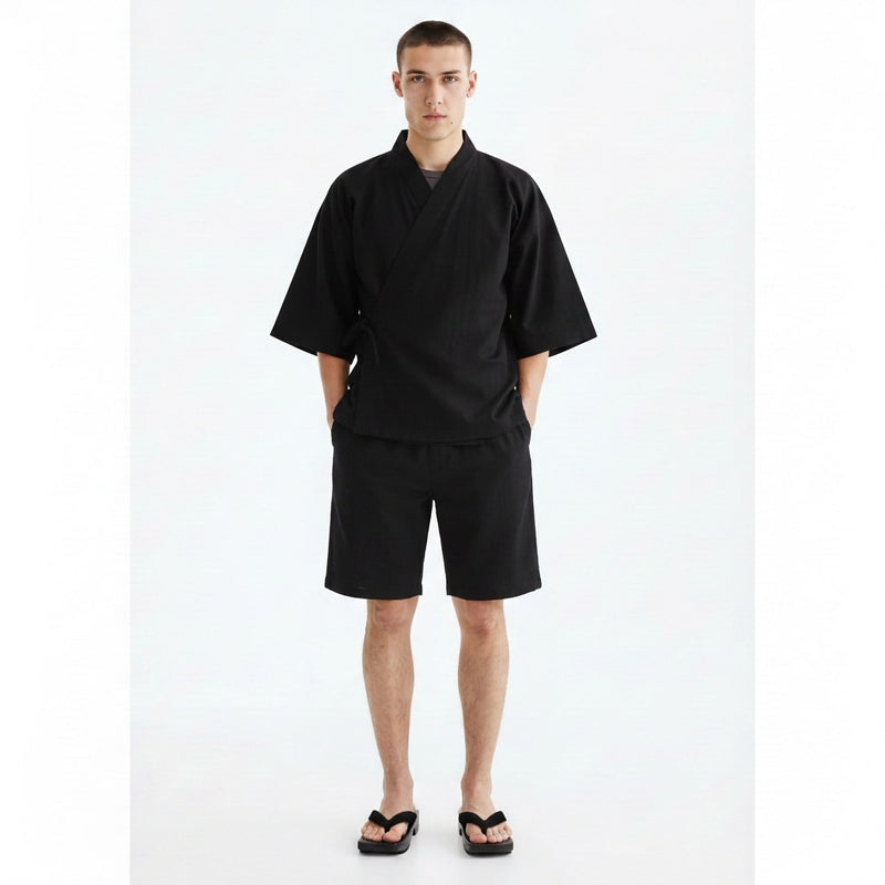 Cotton jinbei set in black, front view on model