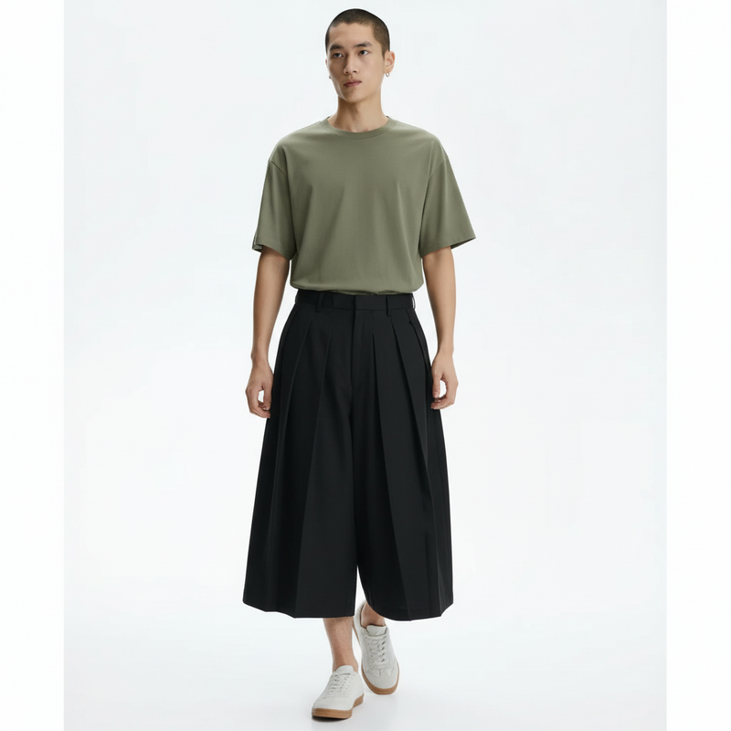 Men's Pleated Hakama Style Pants on model in black, front view