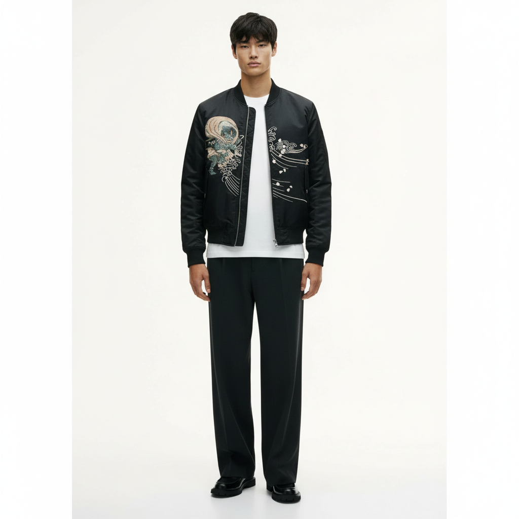 Japanese Raijin Souvenir Jacket on model in black, front view