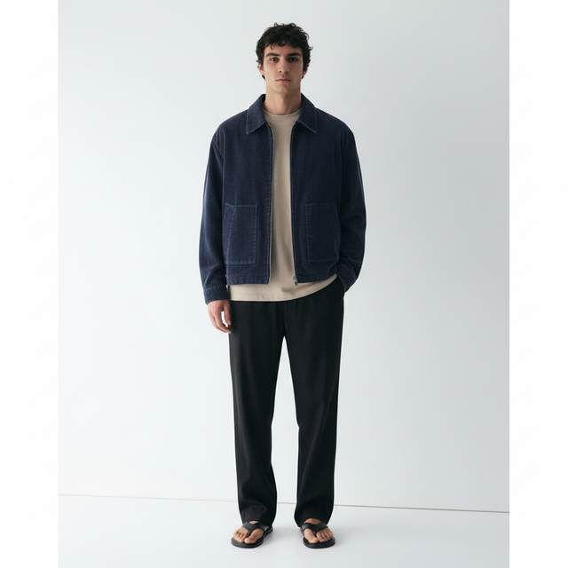 Japanese Retro Amekaji Washed Distressed Corduroy Workwear Jacket and - Boxy Fit Detroit Style on model - Blue - front