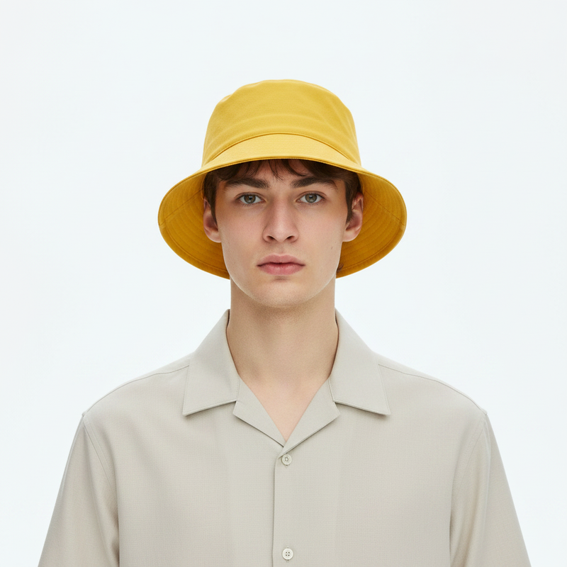 Korean Style Fresh Summer Versatile Thin Sun Protection Bucket Hat on model - Yellow - front