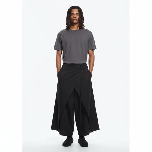 Men's Dark Cotton Hakama Pants on model in black, front view