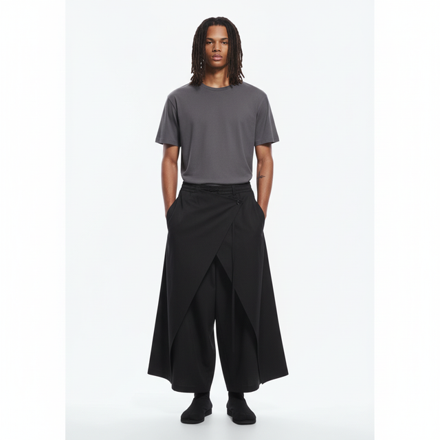 Men's Dark Cotton Hakama Pants on model in black, front view