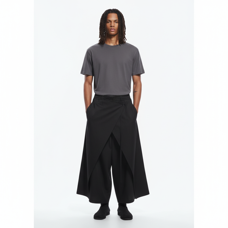 Men's Dark Cotton Hakama Pants on model in black, front view