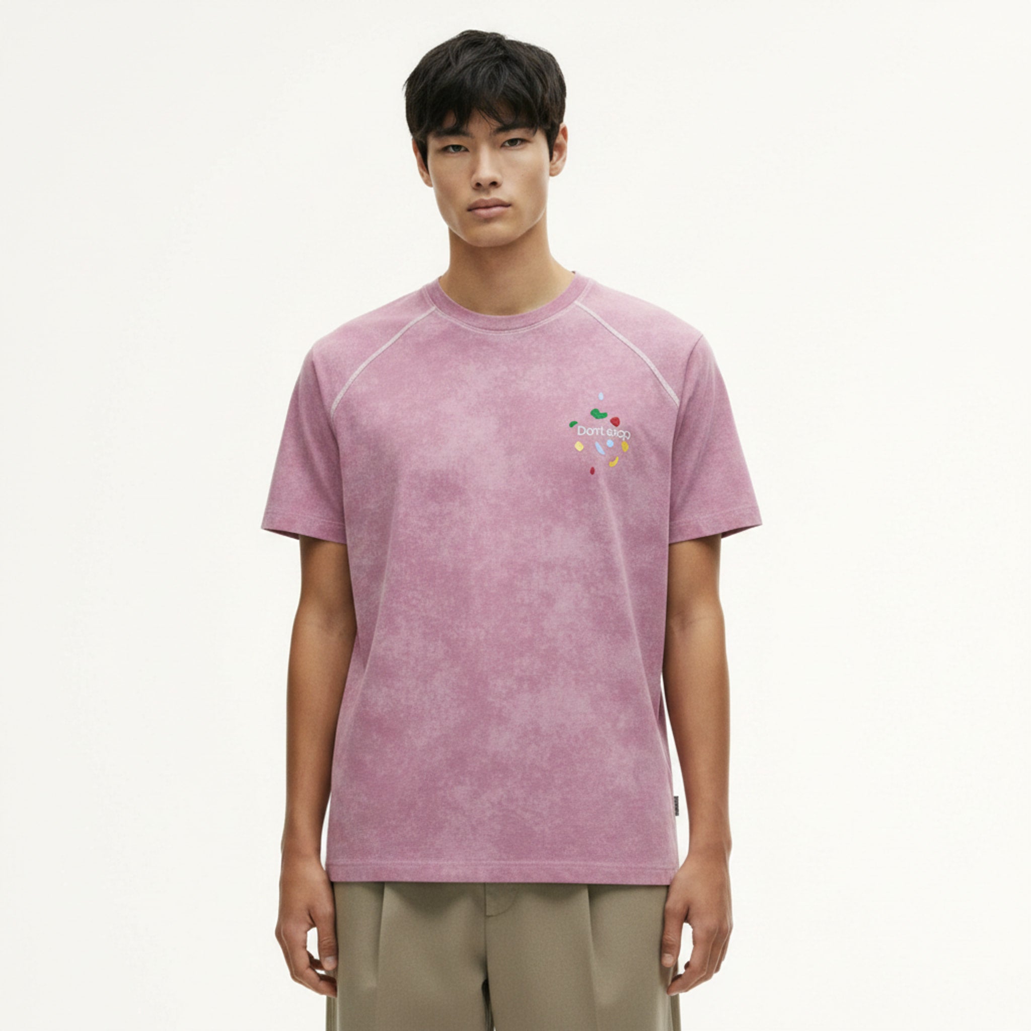 Jiezhan Menswear | Snowflake Rock-Climbing Print Short-Sleeve T-Shirt - 2026 Spring/Summer New Original Streetwear Printed Top on model - Pink - detail