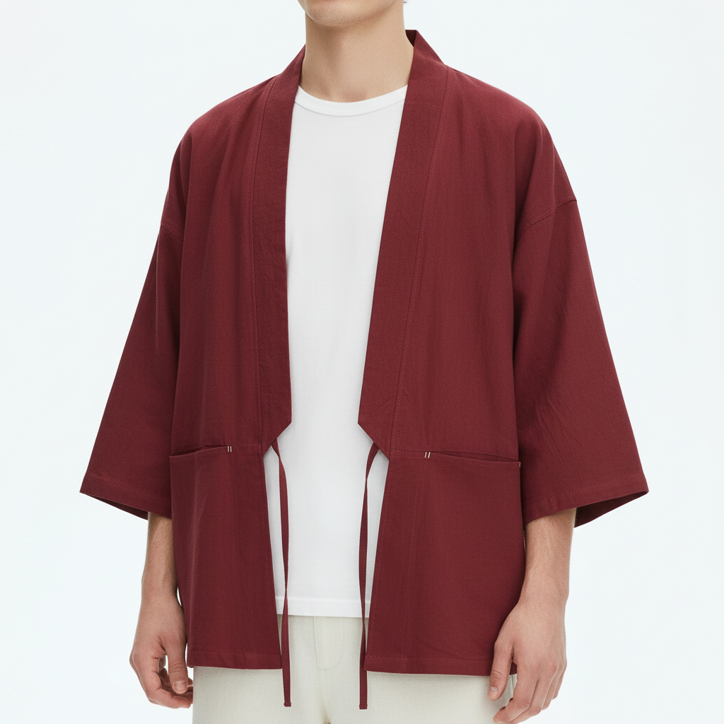 Tied kimono cardigan on model, detail of the fabric and construction