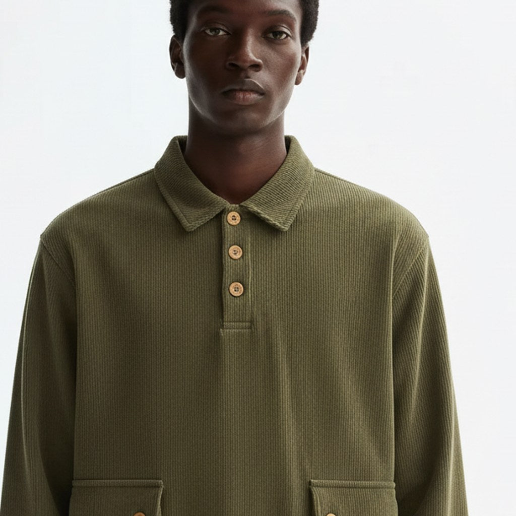 Ribbed collared sweatshirt on model, detail of the fabric and construction