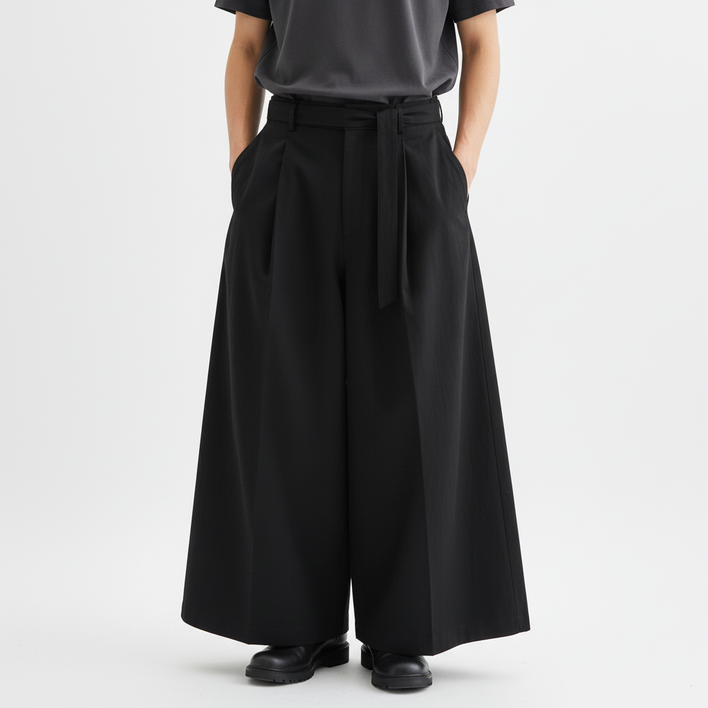 Dark Style Japanese Oversize Wide-Leg Skirt Pants Workwear Trousers on model - Black - detail