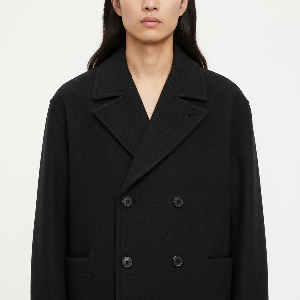 Cropped double breasted peacoat on model, close view of the fabric and construction