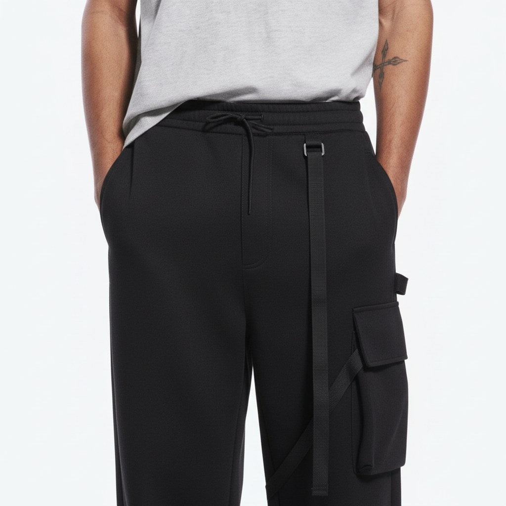 Wide leg strap trousers on model, detail of the fabric and construction