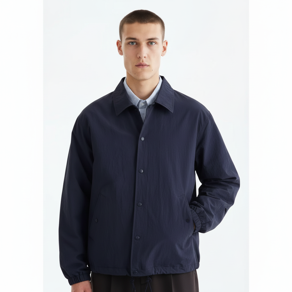 Navy Coaches Jacket on model, detail view of the snap-button front