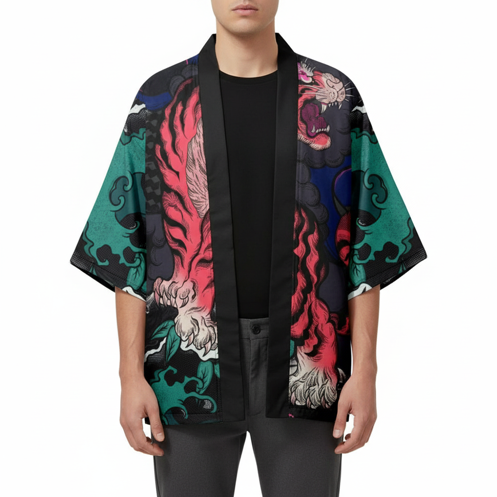 Men's Tiger Kimono, Open Front Haori, detail