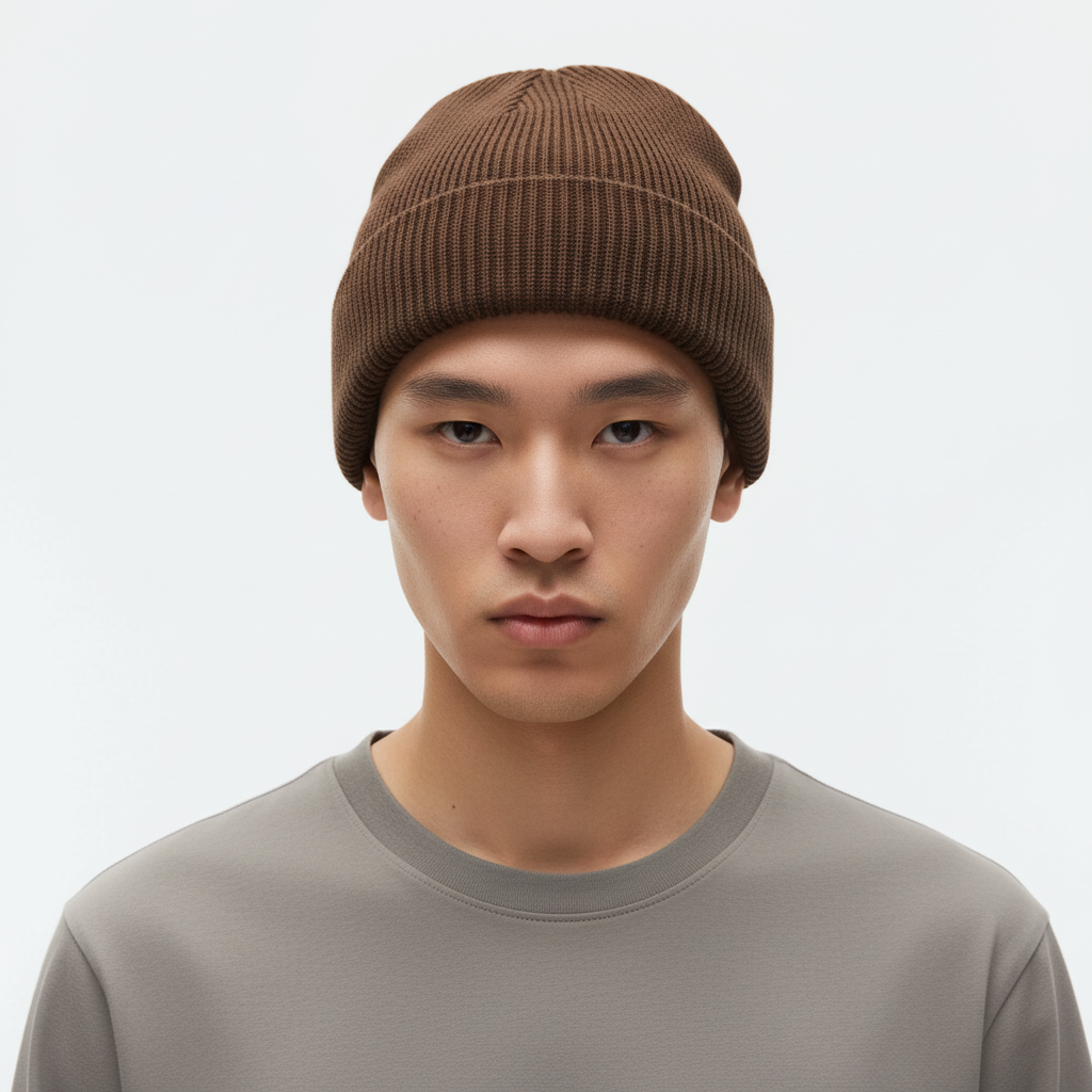 Solid Color Retro Knitted Beanie on model - Brown - detail