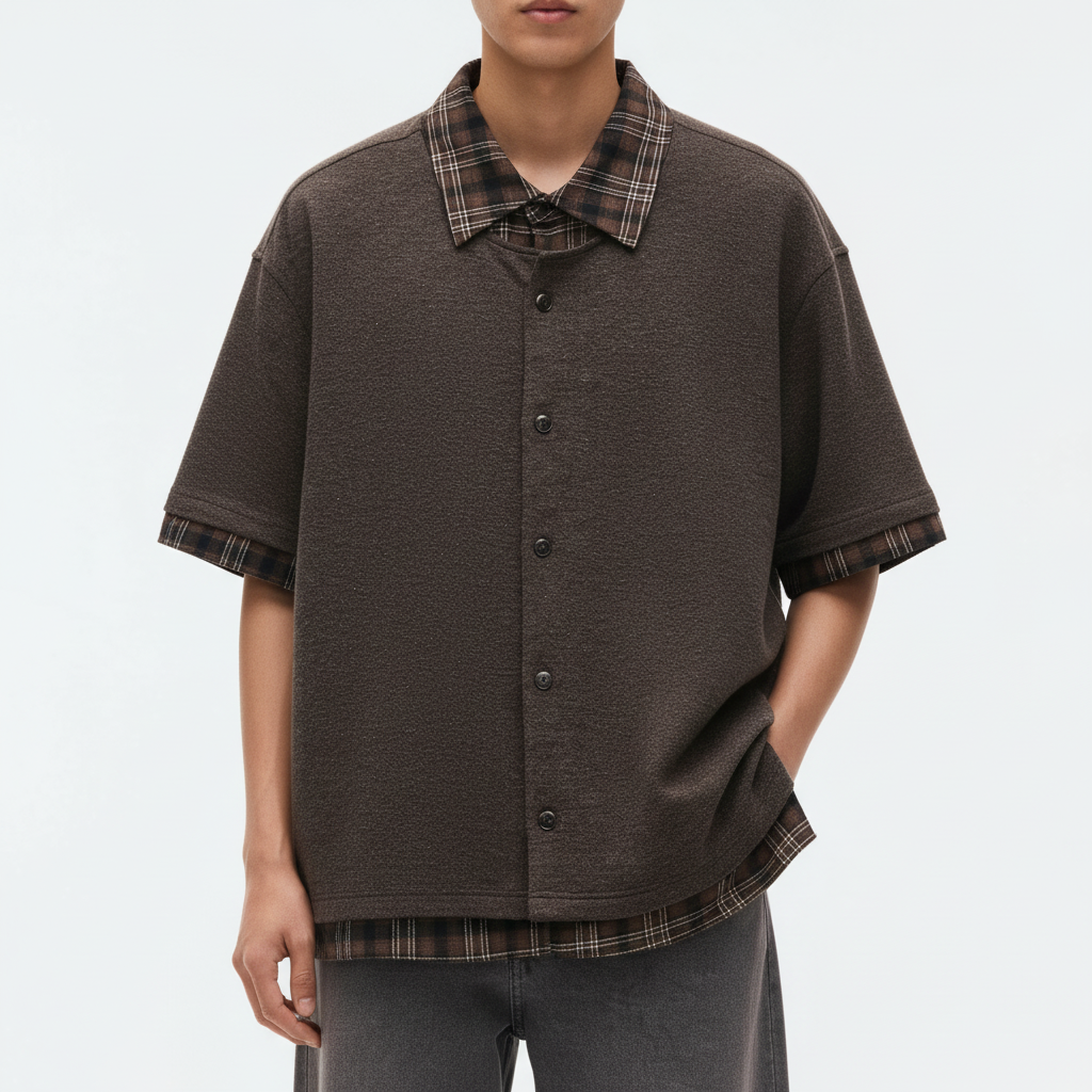 Summer Old Money Style Plaid Patchwork Faux Two-Piece Short Sleeve Shirt on model - Brown - detail