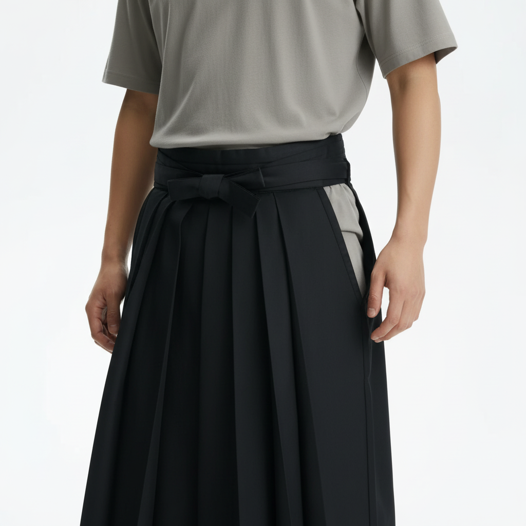 Cotton kendo hakama on model, detail of the fabric and construction