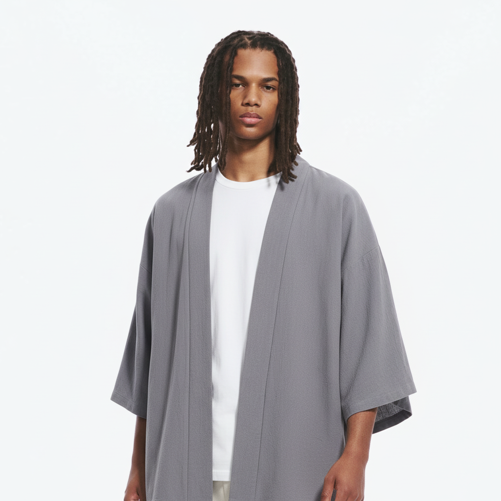 Open-Front Cotton Haori Jacket on model, grey, close-up of the collar band and sleeve