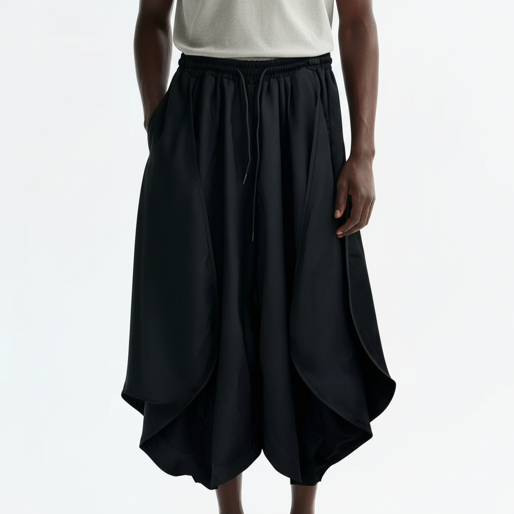 Petal hem asymmetrical pants on model, close view of the fabric and construction