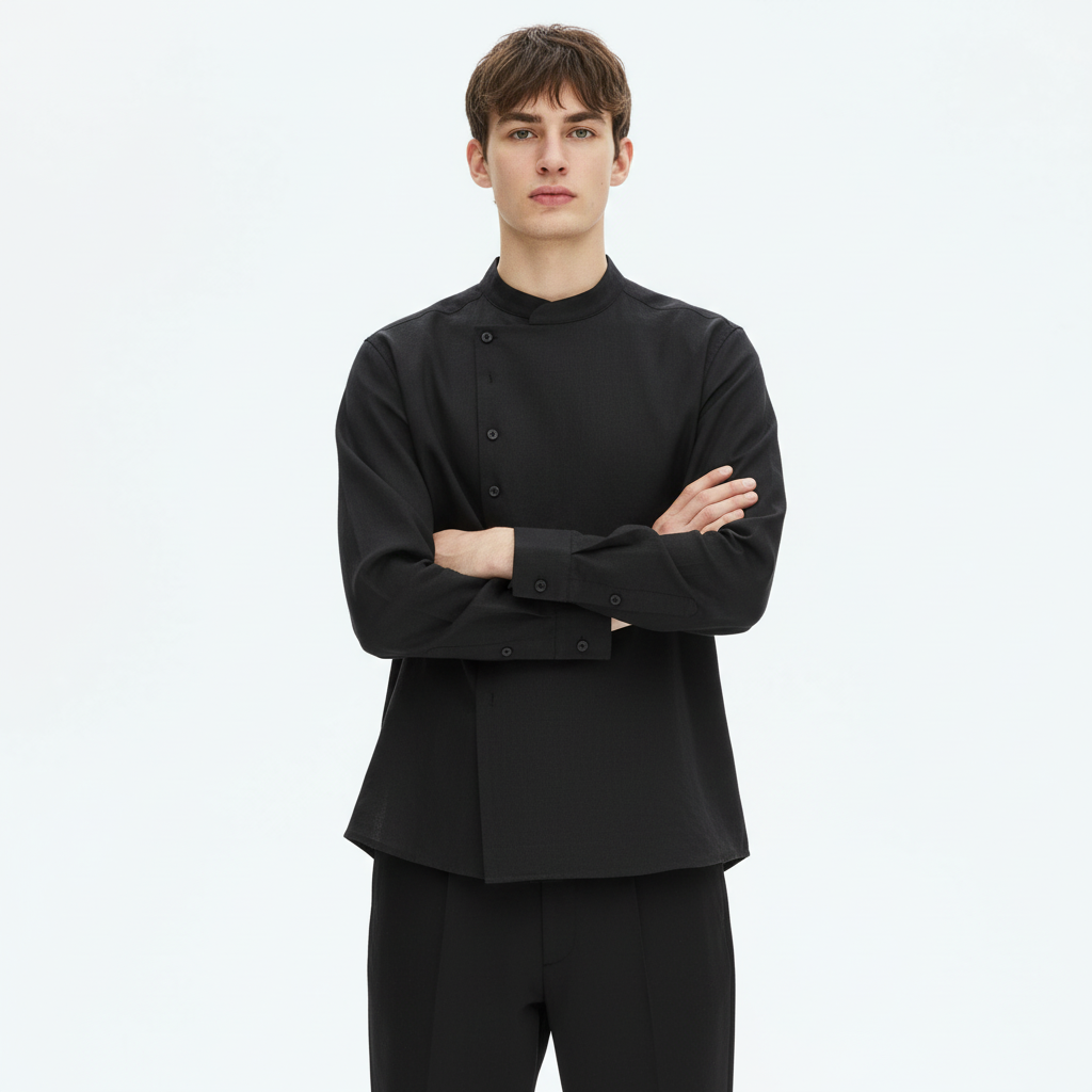 Asymmetrical stand collar shirt on model, close view of the fabric and construction