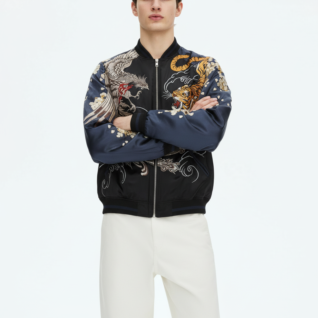 Men's Reversible Phoenix Sukajan Souvenir Jacket on model in navy, close detail of the embroidery