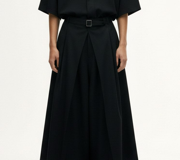 Belted hakama trousers on model, detail view of the fabric and construction