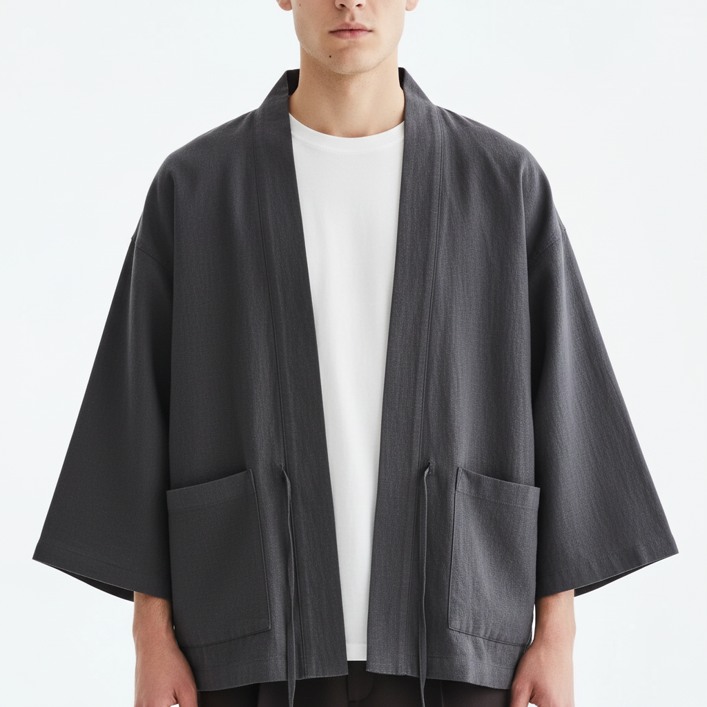 Cotton Linen Noragi Jacket on model, grey, close-up of the tied front and patch pockets