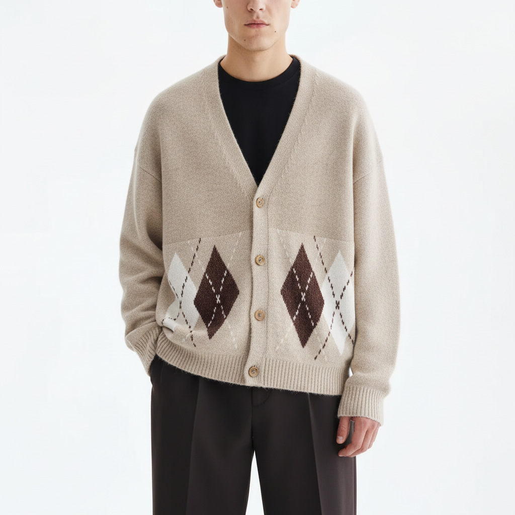Argyle V-neck cardigan in oat on model, close-up of the argyle panels and buttons