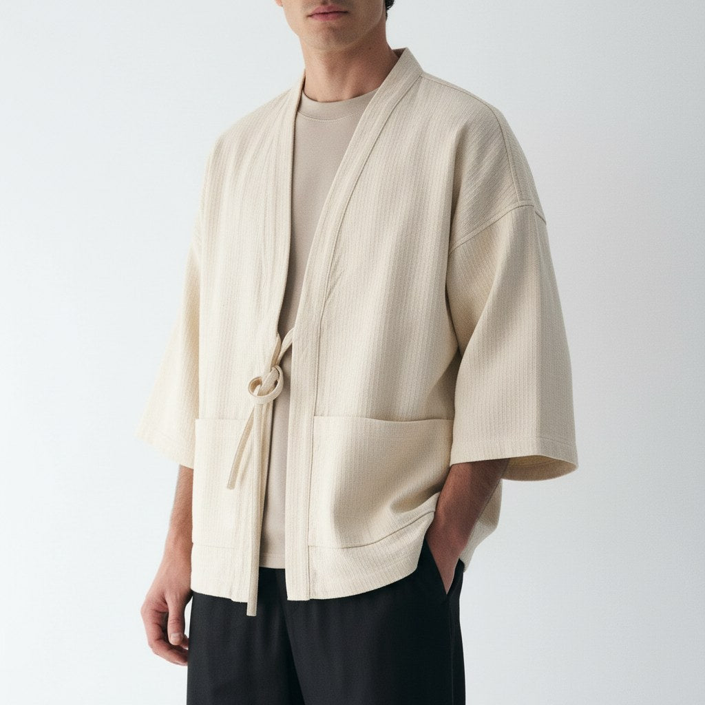 Herringbone noragi jacket on model, detail of the fabric and construction