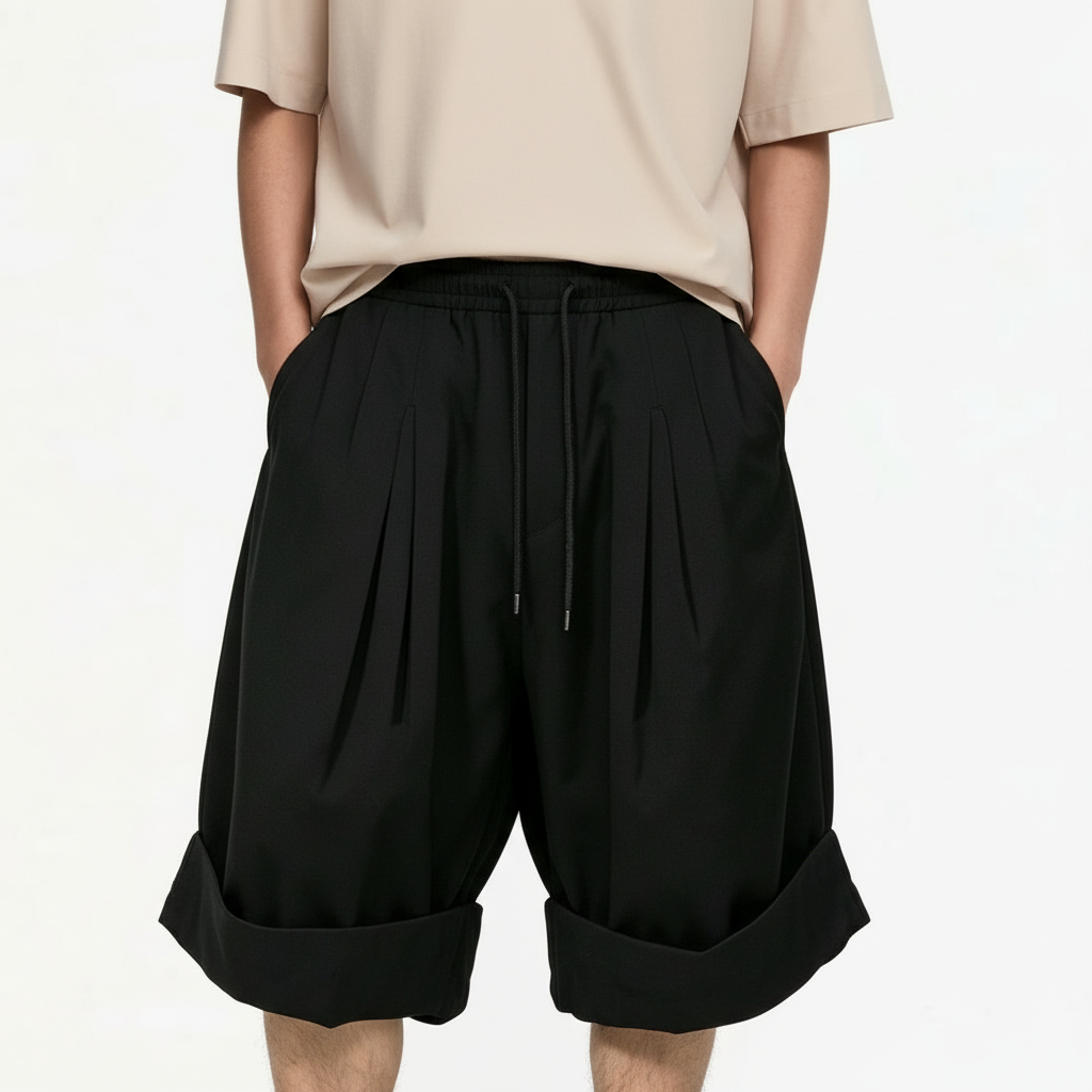 Pleated hakama shorts on model, close view of the fabric and construction