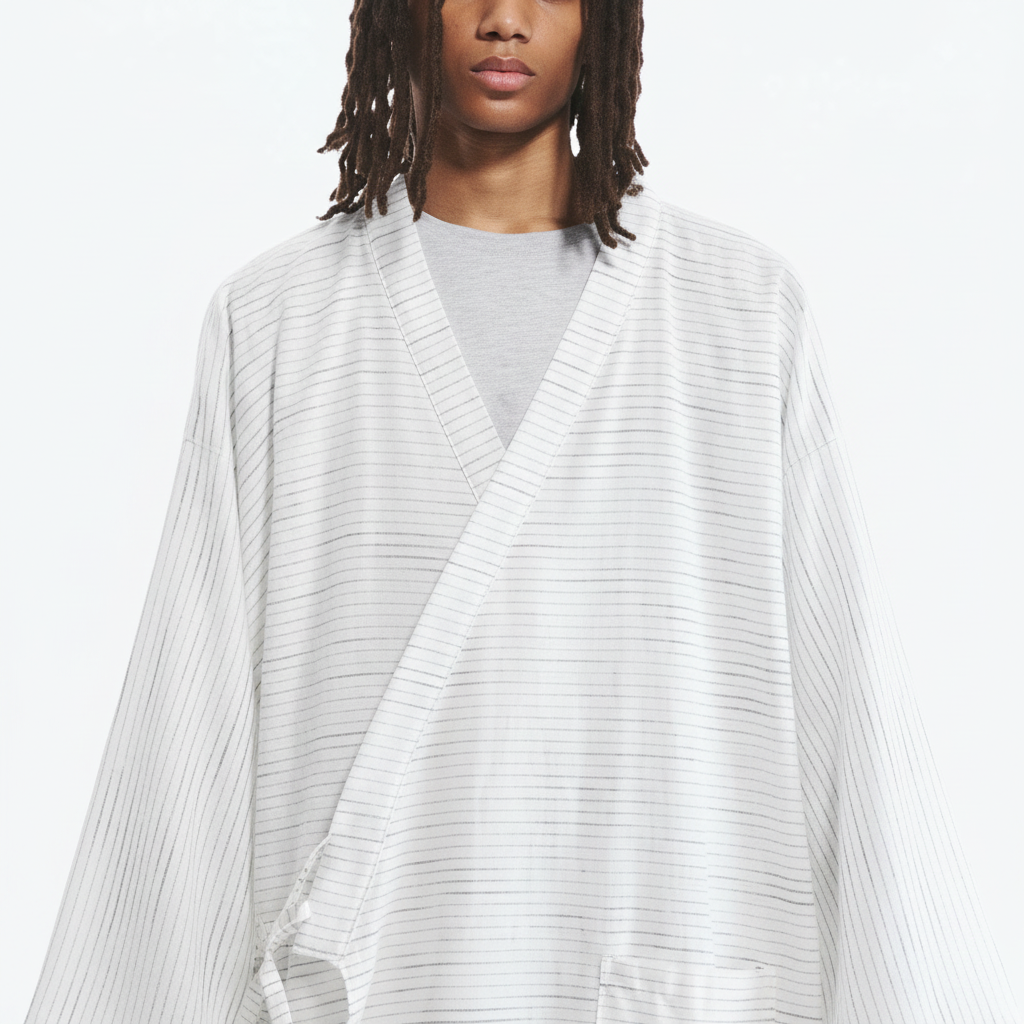 Men's white kimono robe, white stripe, close-up