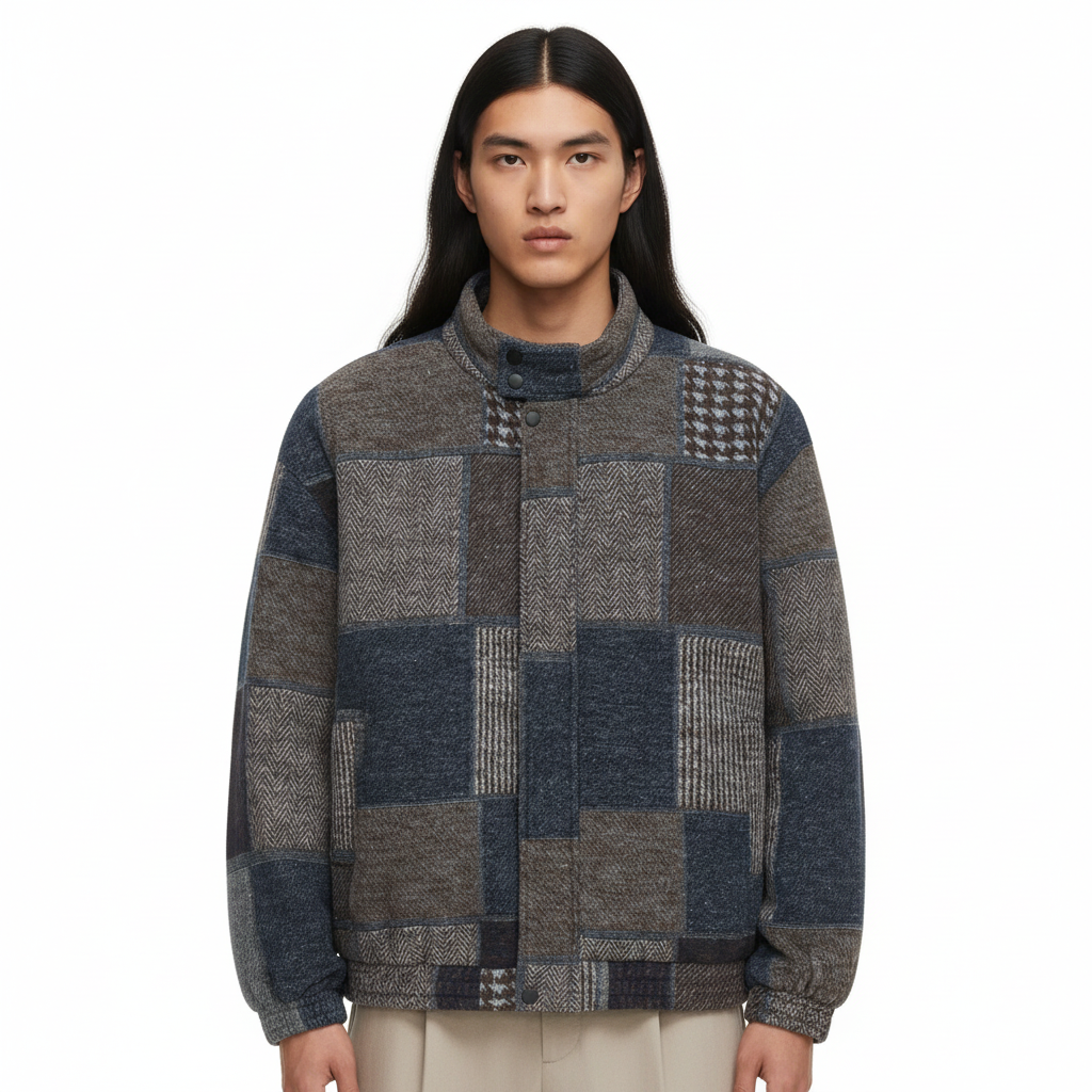 Trendy Winter Japanese Retro Ethnic Plaid Workwear Cotton Jacket and on model - Blue - detail