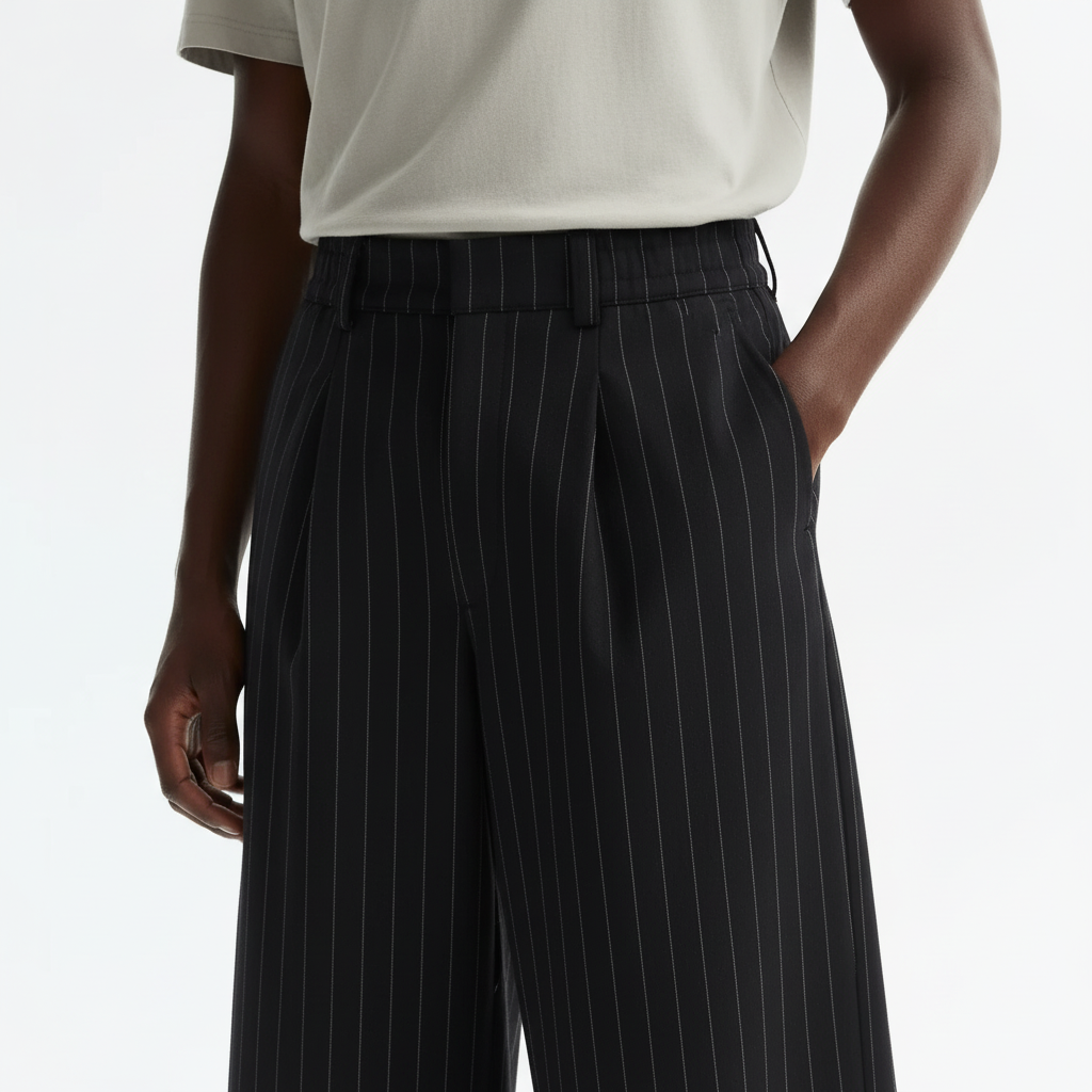 Pinstripe Wide Leg Trousers on model in black, detail view of the waist pleats