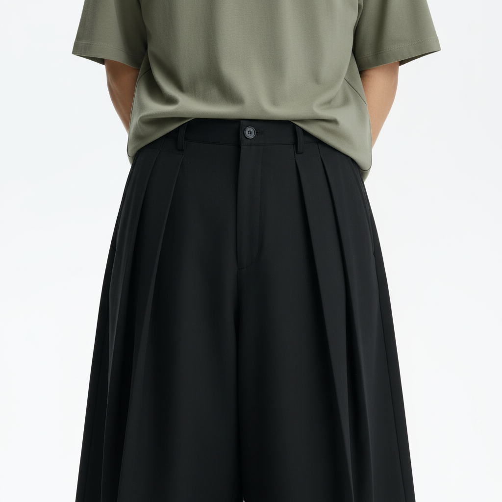 Pleated hakama style pants on model, close view of the fabric and construction
