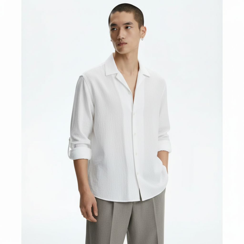 Textured Stripe Shirt on model in white, detail view of the textured stripe and point collar