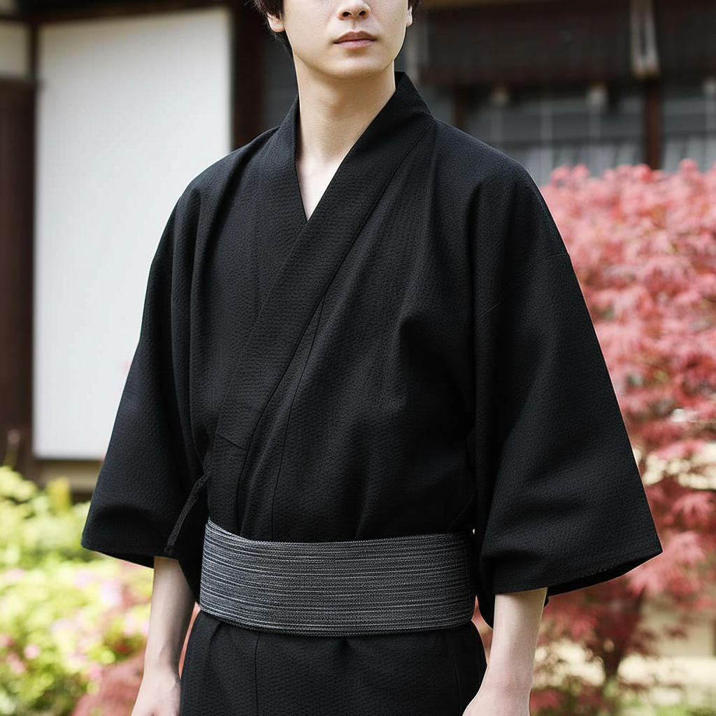 Black kimono in cotton, worn with a grey belt
