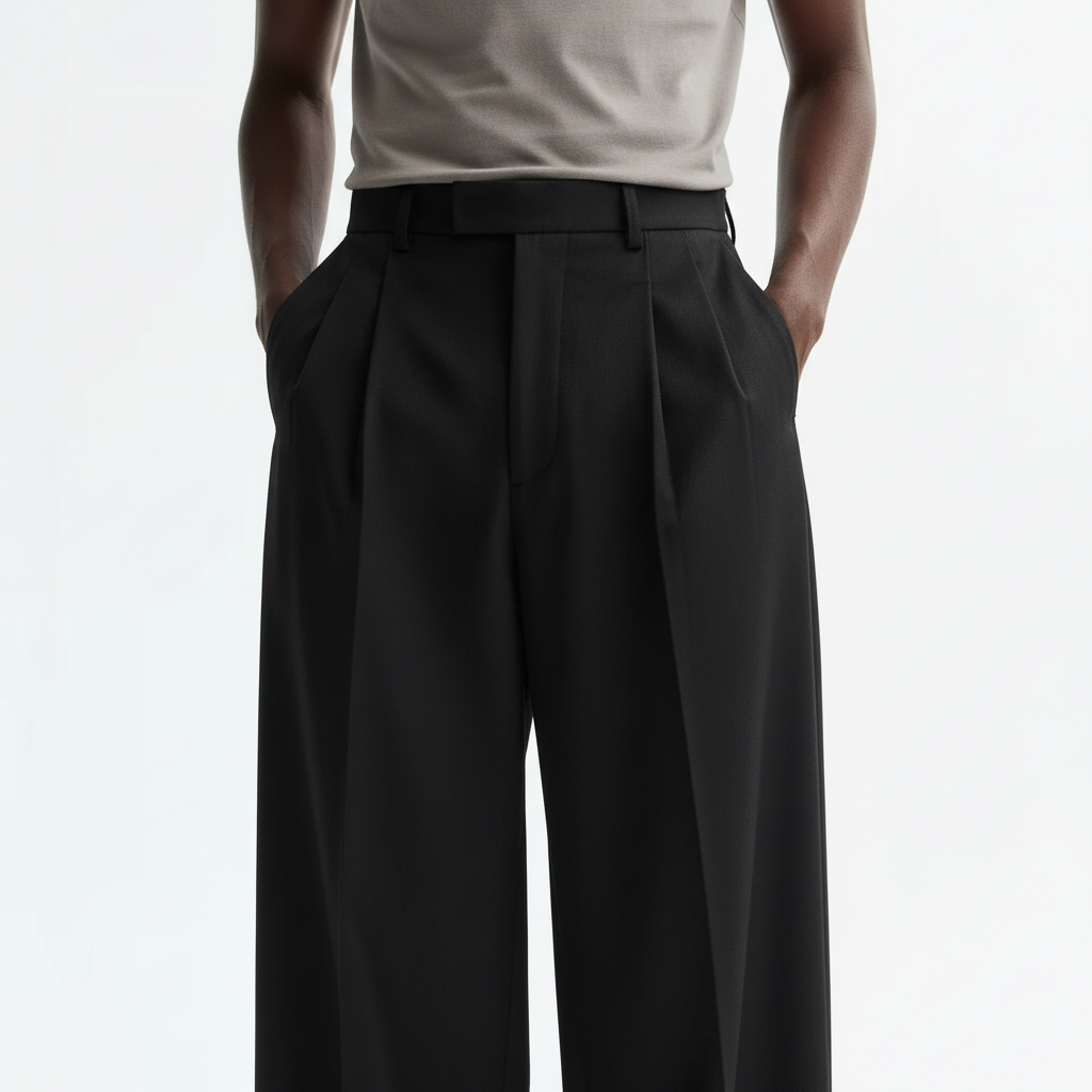 Wide pleated Japanese hakama on model, close view of the fabric and construction