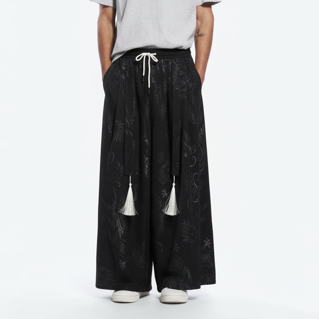 Dragon Pattern Wide-Leg Pants - Chinese Style Straight-Leg Hanfu Trousers on model - Black - detail