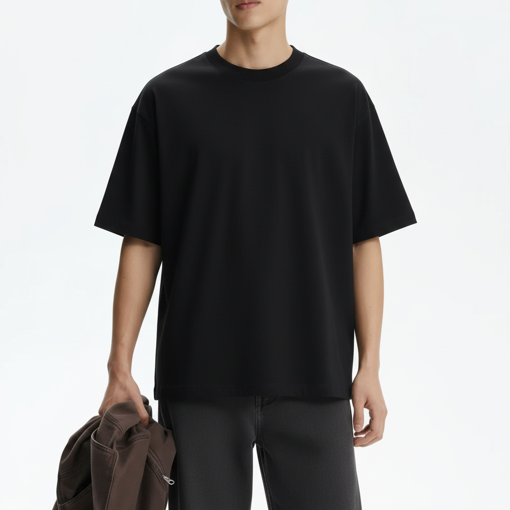 Cross-border 250GSM Oversized Boyfriend Batwing Sleeve Mock Neck on model - Black - detail