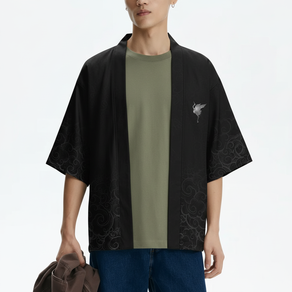 Men's Black Kimono Jacket, Crane and Moon Print, detail