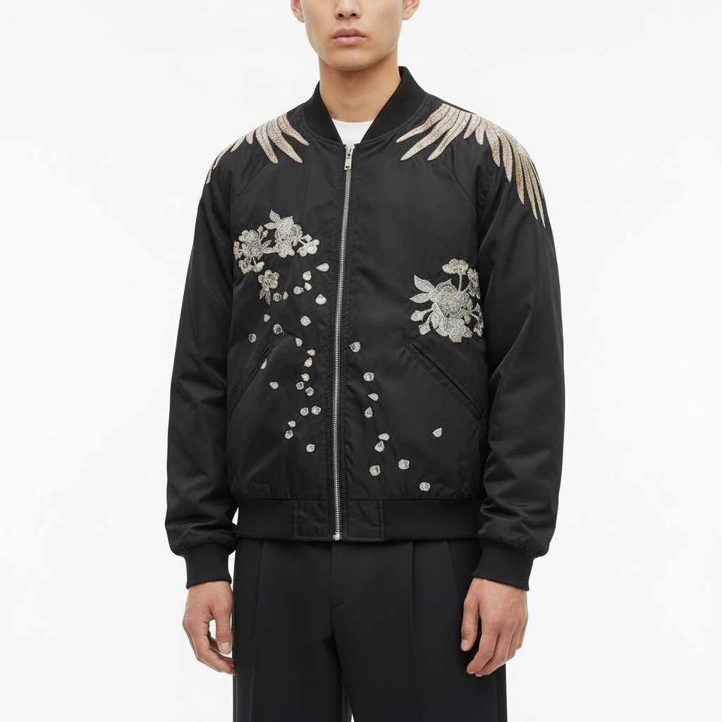 Gold wing and flower embroidery on the front of a black sukajan