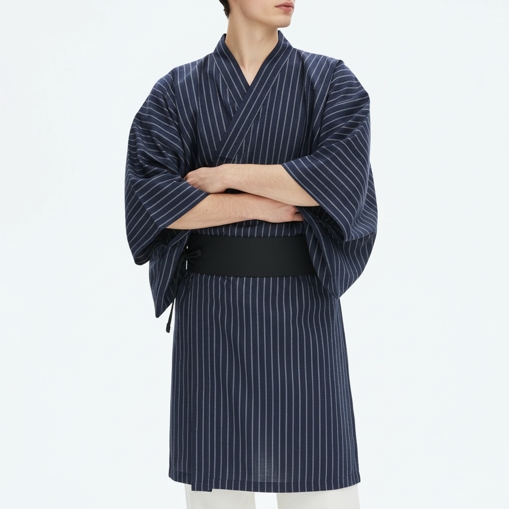 Men's yukata robe in navy pinstripe cotton, arms folded