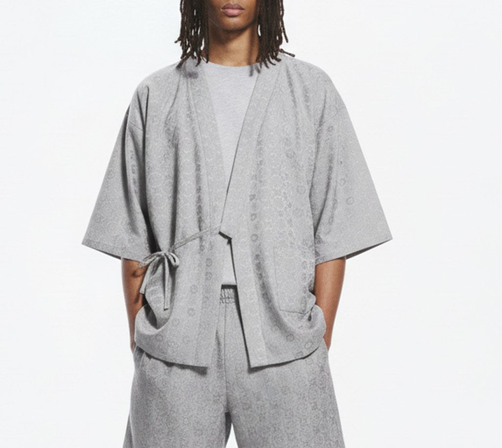 Jacquard jinbei set on model, detail of the fabric and construction