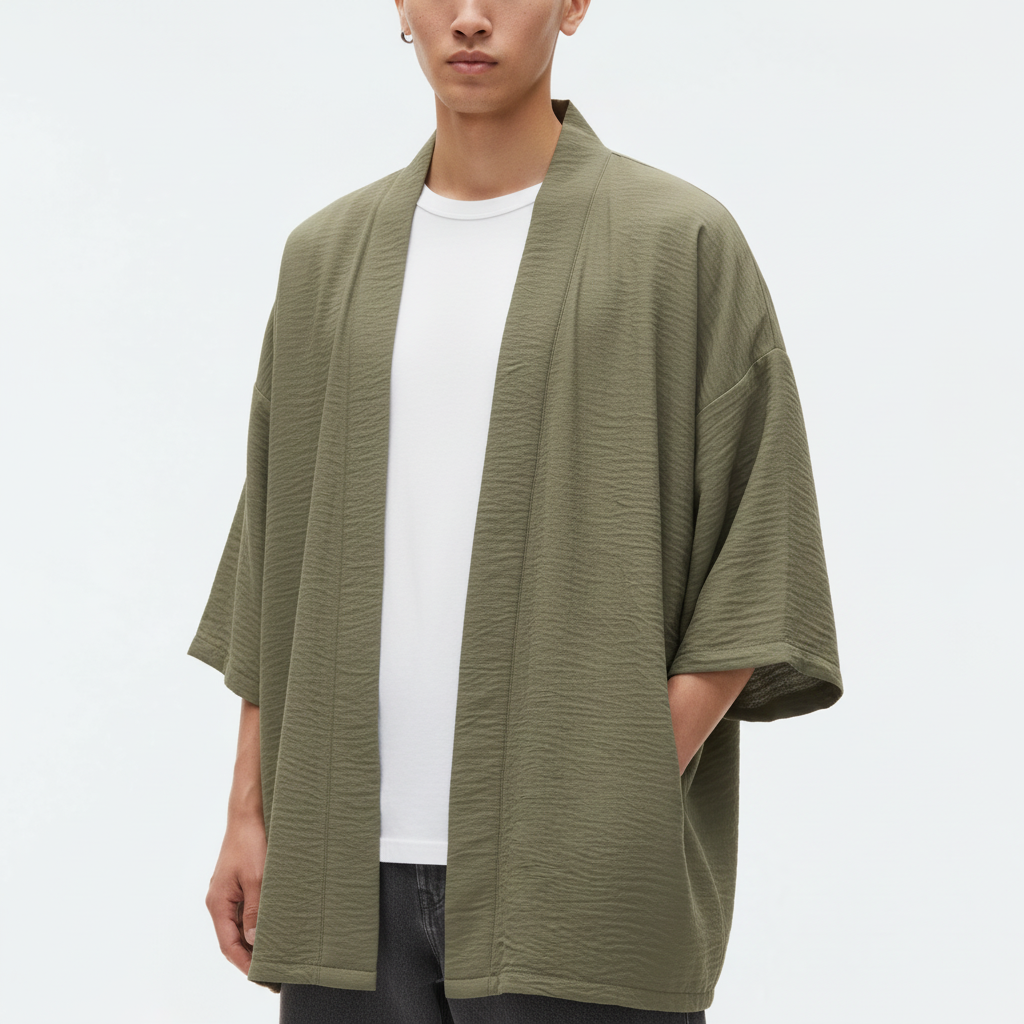 Long haori coat on model, detail of the fabric and construction